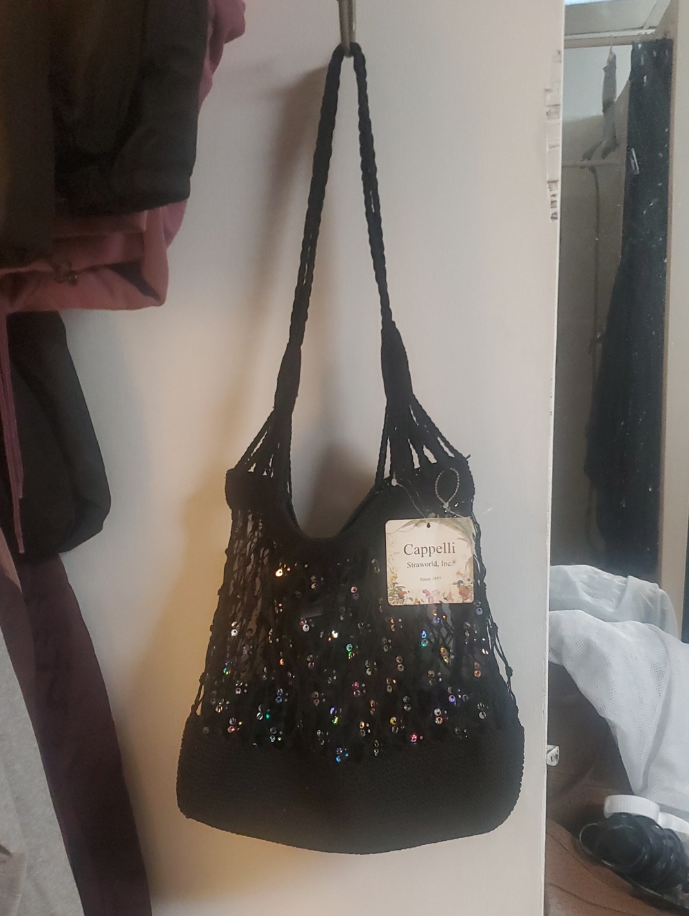 Capelli of New York Black Sequin Crochet Shoulder Tote